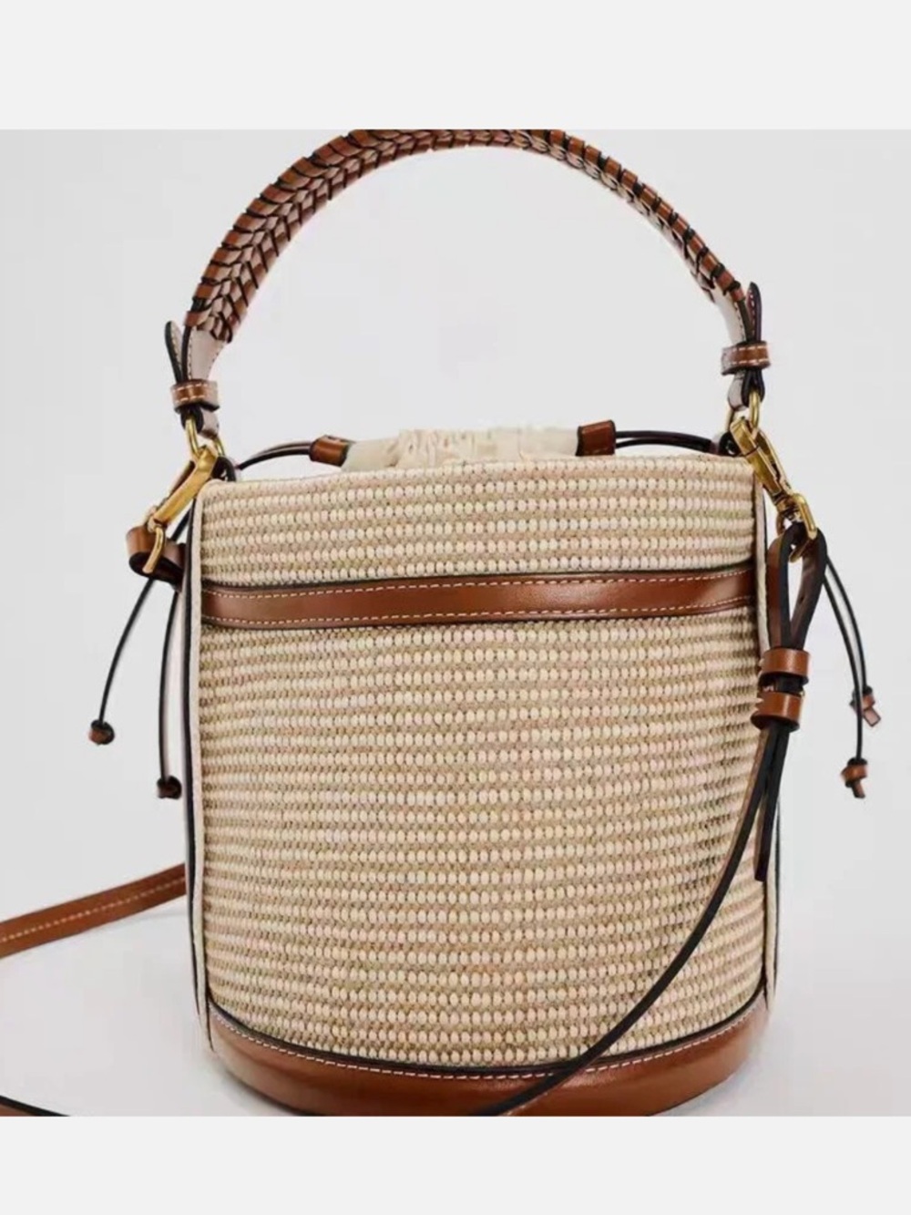 Zara Cream Woven Bucket Bag with Brown Leather Trim - Picture 3 of 12